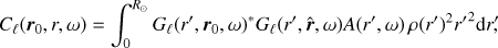 Mathematical equation: $$ \begin{equation} C_\ell(\boldsymbol r_0,r,\omega) = \int_0^{R_\odot} G_\ell(r',\boldsymbol r_0,\omega)^\ast G_\ell(r',\hat{\boldsymbol r},\omega) A(r',\omega) \, \rho(r')^2 {r'}^2 {\rm d}r'\!\!, \label{eq:Cl} \end{equation} $$