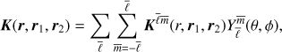 Mathematical equation: $$ \begin{equation} \boldsymbol K(\boldsymbol r,\boldsymbol r_1,\boldsymbol r_2) = \sum_{\bar \ell} \sum_{\bar{m}=-\bar \ell}^{\bar \ell} \boldsymbol K^{\bar \ell \bar{m}}(r,\boldsymbol r_1,\boldsymbol r_2) Y_{\bar \ell}^{\bar{m}}(\theta,\phi), \end{equation} $$