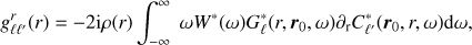 Mathematical equation: $$ g_{\ell {\ell }'}^{r}(r)=-2\text{i}\rho (r)\int_{-\infty }^{\infty }{\omega }{{W}^{*}}(\omega ){{G}_{{{\ell }^{*}}}}(r,{\boldsymbol{r}_{0}},\omega ){{\partial }_{\text{r}}}C_{{{\ell }'}}^{*}({\boldsymbol{r}_{0}},r,\omega )\text{d}\omega , $$