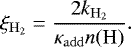 Mathematical equation: \begin{equation*} \xi_{\mathrm{H_2}} = \frac{2k_{\mathrm{H_2}}}{\kappa_{\mathrm{add}}n(\mathrm{H})}.\vspace*{-3pt} \end{equation*}