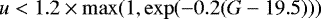 Mathematical equation: \begin{equation*} u < 1.2\times\max(1,\exp(-0.2(G-19.5))) \,\end{equation*}