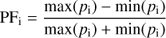 Mathematical equation: $\text{PF}_\text{i}=\frac{\max(p_\text{i})-\min(p_\text{i})}{\max(p_\text{i})+\min(p_\text{i})}$