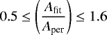 Mathematical equation: \begin{equation*}0.5 \le \left(\frac{A_{\textrm{fit}}}{A_{\textrm{per}}} \right) \le 1.6 \\ \end{equation*}