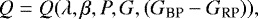Mathematical equation: \begin{equation*} Q = Q(\lambda,\beta,P,G,(G_{\textrm{BP}}-G_{\textrm{RP}})) ,\vspace*{-3pt}\end{equation*}
