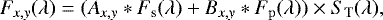 Mathematical equation: \begin{equation*}\centering \begin{aligned} F_{\it{x,y}}(\lambda) &= (A_{\it{x,y}} * F_{\rm{s}}(\lambda)+B_{\it{x,y}} * F_{\rm{p}}(\lambda)) \times S_{\rm{T}}(\lambda), \\ \end{aligned} \end{equation*}