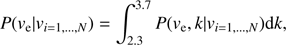 Mathematical equation: $$ P{(v_\mathrm e\vert v_{i=1,\dots,N})}=\int_{2.3}^{3.7}\;P{(v_\mathrm e,k\vert v_{i=1,\dots,N})\mathrm dk,} $$