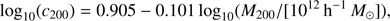 Mathematical equation: $$ \log_{10}{(c_{200})}=0.905-0.101\;\log_{10}{(M_{200}/{[10^{12}\mathrm h^{-1}\;M_\odot]}),} $$
