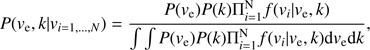 Mathematical equation: $$ P{(v_\mathrm e,k\vert v_{i=1,\dots,N})}=\frac{P{(v_\mathrm e)}P{(k)}\mathrm\Pi_{i=1}^Nf{(v_i\vert v_\mathrm e,k)}}{\int\int P{(v_\mathrm e)}P{(k)}\mathrm\Pi_{i=1}^Nf{(v_i\vert v_\mathrm e,k)\mathrm dv_\mathrm e}\mathrm dk}, $$
