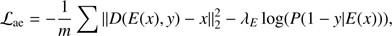 Mathematical equation: $$ {\mathcal L}_\text{ae}=-\frac1m\mathrm\Sigma\parallel D{(E{(x),y})-x\parallel_2^2}-\lambda_E\;\log{(P{(1-{y\vert}E{(x)})})}, $$