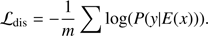 Mathematical equation: $$ {\mathcal L}_\text{dis}=-\frac1m\mathrm\Sigma\;\log{(P{({y\vert}E{(x)})})}. $$