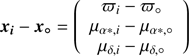 Mathematical equation: $$ {\boldsymbol x}_i-{\boldsymbol x}_\mathrm o={\left(\begin{array}{c}\varpi_i-\varpi_\mathrm o\\\mu_{\alpha\ast,i-}\mu_{\alpha\ast,\mathrm o}\\\mu_{\delta,i}-\mu_{\delta,\mathrm o}\end{array}\right)} $$