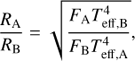 Mathematical equation: $$ \textstyle\frac{R_\mathrm A}{R_\mathrm B}=\sqrt{\frac{F_\mathrm AT_\text{eff,B}^4}{F_\mathrm BT_\text{eff,A}^4}}, $$