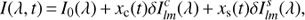 Mathematical equation: $$ \textstyle I{(\lambda,t)}=I_0{(\lambda)}+x_\mathrm c{(t)}\delta I_{lm}^c{(\lambda)}+\chi_\mathrm s{(t)}\delta I_{lm}^s{(\lambda)}, $$