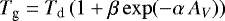 Mathematical equation: \begin{equation*}T_{\textrm{g}} = T_{\textrm{d}}\,(1 + \beta \exp(-\alpha \,A_V)) \end{equation*}