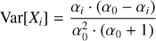 Mathematical equation: $ \text{Var}[X_i] = \frac{\alpha_i \cdot (\alpha_0 - \alpha_i)}{\alpha_0^2 \cdot (\alpha_0 + 1)} $