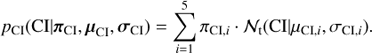 Mathematical equation: $ {p_{{\rm{CI}}}}({\rm{CI}}|{{\bf{\pi }}_{{\rm{CI}}}},{\mu _{{\rm{CI}}}},{\sigma _{{\rm{CI}}}}) = \sum\limits_{i = 1}^5 {{\pi _{{\rm{CI}},i}}} \cdot {{\cal N}_{\rm{t}}}({\rm{CI}}|{\mu _{{\rm{CI}},i}},{\sigma _{{\rm{CI}},i}}). $