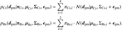 Mathematical equation: $ \begin{array}{*{20}{l}} {{p_{{\rm{Cs}}}}({d_{{\rm{pm}}}}|{\pi _{{\rm{Cs}}}},{\mu _{{\rm{Cs}}}},{{\bf{\Sigma }}_{{\rm{Cs}}}},{_{{\rm{pm}}}})}&{ = \sum\limits_{i = 1}^4 {{\pi _{{\rm{Cs}},i}}} \cdot {\cal N}({d_{{\rm{pm}}}}|{\mu _{{\rm{Cs}}}},{\Sigma _{{\rm{Cs}},i}} + {_{{\rm{pm}}}})}\\ {{p_{{\rm{Bs}}}}({d_{{\rm{pm}}}}|{\pi _{{\rm{Bs}}}},{\mu _{{\rm{Bs}}}},{{\bf{\Sigma }}_{{\rm{Bs}}}},{_{{\rm{pm}}}})}&{ = \sum\limits_{i = 1}^2 {{\pi _{{\rm{Bs}},i}}} \cdot {\cal N}({d_{{\rm{pm}}}}|{\mu _{{\rm{Bs}}}},{\Sigma _{{\rm{Bs}},i}} + {_{{\rm{pm}}}}).} \end{array} $