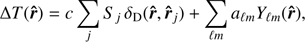 Mathematical equation: $$ \mathrm\Delta T{(\widehat{\boldsymbol r})}=c\;\underset j{\mathrm\Sigma}\;S_j\;\delta_\mathrm D\;{(\widehat{\boldsymbol r},{\widehat{\boldsymbol r}}_j)}+\underset{\mathcal lm}{\mathrm\Sigma}\;a_{\mathcal lm}\;Y_{\mathcal lm}{(\widehat{\boldsymbol r})}, $$