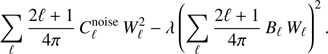 Mathematical equation: $$ \begin{eqnarray} \sum_{\ell} \frac{2 \ell +1}{4\pi} \, C^{\rm noise}_{\ell} \, W^2_{\ell} - \lambda \left(\sum_{\ell} \frac{2 \ell +1}{4\pi} \, B_{\ell} \, W_{\ell} \right)^2. \end{eqnarray} $$