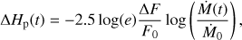 Mathematical equation: $ \begin{aligned} \Delta H_\text{p}(t)=-2.5\log ({e}) \frac{\Delta F}{F_0} \log \left(\frac{\dot{M}(t)}{\dot{M}_0}\right), \end{aligned} $