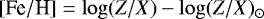 Mathematical equation: $[\textrm{Fe}/\textrm{H}] = \log(Z/X) - \log(Z/X) _{\odot}$