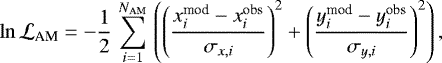 Mathematical equation: \begin{equation*} \ln {\cal L}_{\textrm{AM}}= -\frac{1}{2}\,\sum^{N_{\textrm{AM}}}_{i=1} \, \left(\left(\frac{x_i^{\textrm{mod}}-x_i^{\textrm{obs}}}{\sigma_{x,i}}\right)^2+\left(\frac{y_i^{\textrm{mod}}-y_i^{\textrm{obs}}}{\sigma_{y,i}}\right)^2\right),\vspace*{-32pt} \end{equation*}