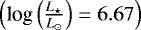 Mathematical equation: $\left(\textrm{log}\left(\frac{{{L}_{\star}}}{{{L}_{\odot}}}\right)=6.67\right)$