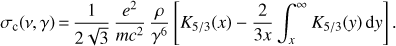 Mathematical equation: $ \begin{aligned} \sigma _\mathrm{c} (\nu ,\gamma )\,{=}\,{1 \over 2 \sqrt{3}}\, {e^2\over mc^2} \, {\rho \over \gamma ^6 } \left[ K_{5/3}(x) - \frac{2}{3x} \int _x^\infty K_{5/3}( y)\,\mathrm{d}{ y} \right] .\end{aligned} $