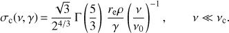 Mathematical equation: $ \begin{aligned} \sigma _\mathrm{c} (\nu ,\gamma )\,{=}\,\frac{\sqrt{3}}{2^{4/3}}\, \Gamma \left(\frac{5}{3}\right) \, {r_\mathrm{e} \rho \over \gamma } \left({\nu \over \nu _0}\right)^{-1} , \qquad {\nu \ll \nu _\mathrm{c}} .\end{aligned} $