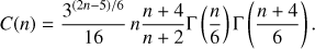 Mathematical equation: $ \begin{aligned} C(n) = \frac{3^{(2n-5)/6}}{16} \,n \frac{n+4}{n+2} \Gamma \left(\frac{n}{6}\right) \Gamma \left(\frac{n+4}{6}\right) \nonumber . \end{aligned} $