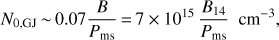 Mathematical equation: $ \begin{aligned} N_{0,\mathrm GJ}\,{\sim }\,0.07 {B\over P_\mathrm{ms}}\,{=}\, 7\times 10^{15} \, {B_{14} \over P_\mathrm{ms} } \,\,\, \mathrm{cm^{-3}} , \end{aligned} $