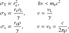 Mathematical equation: $ \begin{aligned} \sigma _\mathrm{T}& \propto r^2_\mathrm{e},\quad \, \qquad h\nu < m_\mathrm{e}c^2 \nonumber \\ \sigma _\mathrm{S}& \propto {r_\mathrm{e} r_\mathrm{L}\over \gamma },\qquad \nu = {\nu _\mathrm{L}\over \gamma } \nonumber \\ \sigma _\mathrm{c}& \propto {r_\mathrm{e} \rho \over \gamma }, \,\, \qquad \nu = \nu _0={c\over 2\pi \rho } , \end{aligned} $