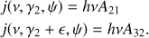 Mathematical equation: $ \begin{aligned}& j(\nu , \gamma _2, \psi ) = h\nu A_{21} \nonumber \\& j(\nu , \gamma _2+\epsilon , \psi ) =h\nu A_{32}. \end{aligned} $