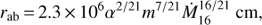 Mathematical equation: $ \begin{aligned} r_\mathrm{ab}\,{=}\,2.3\,{\times }\,10^6 \alpha ^{2/21} m^{7/21} \dot{M}_{16}^{16/21}~\mathrm{cm}, \end{aligned} $