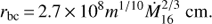 Mathematical equation: $ \begin{aligned} r_\mathrm{bc}\,{=}\,2.7\,{\times }\,10^8 m^{1/10} \dot{M}_{16}^{2/3}~\mathrm{cm}. \end{aligned} $