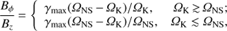 Mathematical equation: $ \begin{array}{*{20}{c}}{\frac{{{B_\phi }}}{{{B_z}}} = \left\{ {\begin{array}{*{20}{c}}{{\gamma _{{\rm{max}}}}({\Omega _{{\rm{NS}}}} - {\Omega _{\rm{K}}})/{\Omega _{\rm{K}}},}&{{\Omega _{\rm{K}}} \mathbin{\lower.3ex\hbox{$\buildrel>\over{\smash{\scriptstyle\sim}\vphantom{_x}}$}} {\Omega _{{\rm{NS}}}};}\\{{\gamma _{{\rm{max}}}}({\Omega _{{\rm{NS}}}} - {\Omega _{\rm{K}}})/{\Omega _{{\rm{NS}}}},}&{{\Omega _{\rm{K}}} \mathbin{\lower.3ex\hbox{$\buildrel<\over {\smash{\scriptstyle\sim}\vphantom{_x}}$}} {\Omega _{{\rm{NS}}}},}\end{array}} \right.}\end{array}\ $
