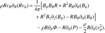 Mathematical equation: $ \begin{array}{*{20}{l}}{\rho R{v_R}{\partial _R}(R{v_\phi }) = }&{\frac{1}{{4\pi }}\left[ {{B_\phi }{B_R}R + {R^2}{B_R}{\partial _R}({B_\phi })} \right.}\\{}&{\left. { + {R^2}{B_z}{\partial _z}({B_\phi }) - R{B_R}{\partial _\phi }({B_R})} \right]}\\{}&{ - \rho R{\partial _\phi }\Phi - R{\partial _\phi }(P) - \frac{\rho }{2}R{\partial _\phi }(v_\phi ^2).}\end{array}\ $