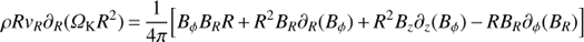 Mathematical equation: $ \rho R{v_R}{\partial _R}({\Omega _{\rm{K}}}{R^2}) = \frac{1}{{4\pi }}\left[ {{B_\phi }{B_R}R + {R^2}{B_R}{\partial _R}({B_\phi }) + {R^2}{B_z}{\partial _z}({B_\phi }) - R{B_R}{\partial _\phi }({B_R})} \right] $