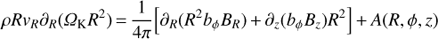 Mathematical equation: $ \rho R{v_R}{\partial _R}({\Omega _{\rm{K}}}{R^2}) = \frac{1}{{4\pi }}\left[ {{\partial _R}({R^2}{b_\phi }{B_R}) + {\partial _z}({b_\phi }{B_z}){R^2}} \right] + A(R,\phi ,z)\ $