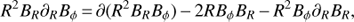 Mathematical equation: $ \begin{aligned} R^2B_R\partial _RB_\phi \,{=}\,\partial (R^2B_RB_\phi )\,{-}\,2RB_\phi B_R\,{-}\,R^2B_\phi \partial _RB_R, \end{aligned} $