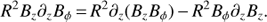 Mathematical equation: $ \begin{aligned} R^2B_z\partial _zB_\phi \,{=}\,R^2\partial _z(B_zB_\phi )\,{-}\,R^2B_\phi \partial _zB_z. \end{aligned} $