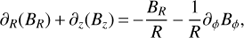 Mathematical equation: $ \begin{aligned} \partial _R(B_R)\,{+}\,\partial _z(B_z)\,{=}\,{-}\frac{B_R}{R}\,{-}\,\frac{1}{R}\partial _\phi B_\phi , \end{aligned} $