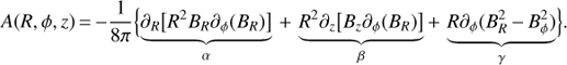 Mathematical equation: $ A(R,\phi ,z) = - \frac{1}{{8\pi }}\left\{ {\underbrace {{\partial _R}[{R^2}{B_R}{\partial _\phi }({B_R})]}_\alpha + \underbrace {{R^2}{\partial _z}[{B_z}{\partial _\phi }({B_R})]}_\beta + \underbrace {R{\partial _\phi }(B_R^2 - B_\phi ^2)}_\gamma } \right\}.\ $