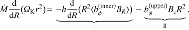 Mathematical equation: $ \dot M\frac{{\rm{d}}}{{{\rm{d}}R}}({\Omega _{\rm{K}}}{r^2}) = \underbrace { - h\frac{{\rm{d}}}{{{\rm{d}}R}}({R^2}\langle b_\phi ^{({\rm{inner}})}{B_R}\rangle )}_{\rm{I}} - \underbrace {b_\phi ^{({\rm{upper}})}{B_z}{R^2}}_{{\rm{II}}}.\ $