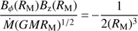 Mathematical equation: $ \begin{aligned} \frac{B_{\phi }(R_\mathrm{M})B_\mathrm{z}(R_\mathrm{M})}{\dot{M}(GMR_\mathrm{M})^{1/2}}\,{=}\,{-}\frac{1}{2(R_\mathrm{M})^3} \end{aligned} $