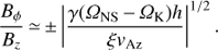 Mathematical equation: $ \frac{{{B_\phi }}}{{{B_z}}} \simeq \pm {\left| {\frac{{\gamma ({\Omega _{{\rm{NS}}}} - {\Omega _{\rm{K}}})h}}{{\xi {v_{{\rm{Az}}}}}}} \right|^{1/2}}.\ $