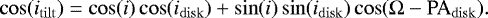 Mathematical equation: \begin{equation*}\cos(i_{\rm{tilt}})=\cos(i)\cos(i_{\rm{disk}})+\sin(i)\sin(i_{\rm{disk}})\cos(\mathrm{\Omega}-\rm{PA}_{\rm{disk}}) .\end{equation*}