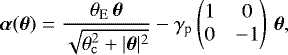 Mathematical equation: \begin{equation*} \boldsymbol{\alpha}(\boldsymbol{\theta}) = \frac{\theta_{\rm{{E}}}\,\boldsymbol{\theta}}{\sqrt{\theta_{\rm{\tiny{c}}}^2 + |\boldsymbol{\theta}|^2}} - {\gamma}_{\textrm{p}} \begin{pmatrix} 1 & 0 \\ 0 & -1 \end{pmatrix}\,\boldsymbol{\theta},\end{equation*}