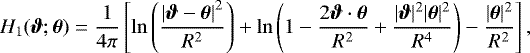 Mathematical equation: \begin{equation*} H_1(\boldsymbol{\vartheta};\boldsymbol{\theta}) = \frac{1}{4 \pi} \left[\ln\left(\frac{\left|\boldsymbol{\vartheta}-\boldsymbol{\theta}\right|^2}{R^2}\right) + \ln\left(1 - \frac{2 \boldsymbol{\vartheta} \cdot \boldsymbol{\theta}}{R^2} + \frac{|\boldsymbol{\vartheta}|^2 |\boldsymbol{\theta}|^2}{R^4}\right) - \frac{|\boldsymbol{\theta}|^2}{R^2} \right],\end{equation*}
