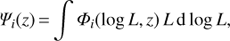 Mathematical equation: $ \begin{aligned} \Psi _ { i }(z)\,{=}\,{\int \Phi _{i}(\log L,z) \, L \, {\text{ d}}\log L}, \end{aligned} $